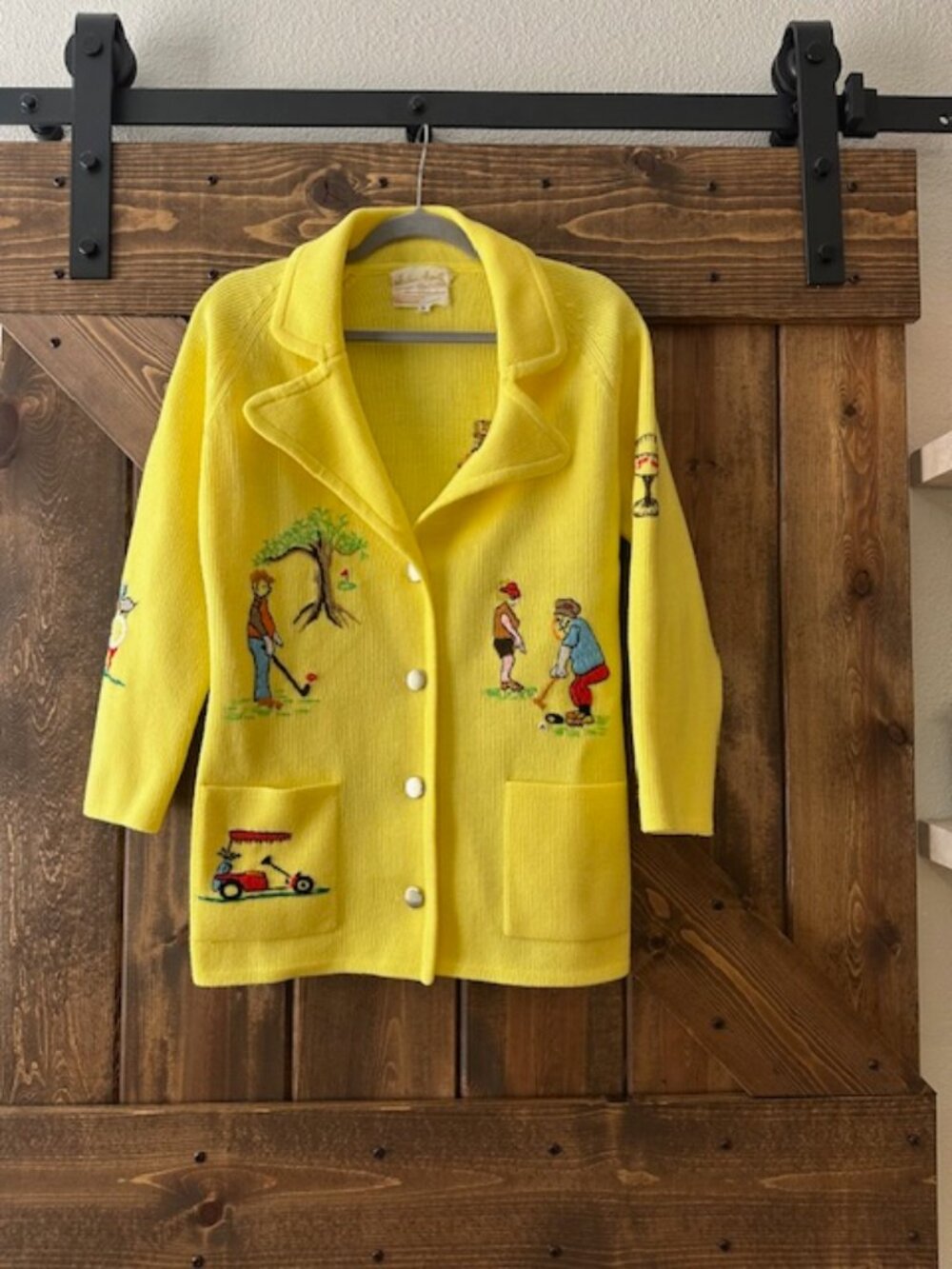 Andrew Aresti Vintage 1950's Golf Embroidered Cardigan Sweater Womens Yellow S - Picture 9 of 15